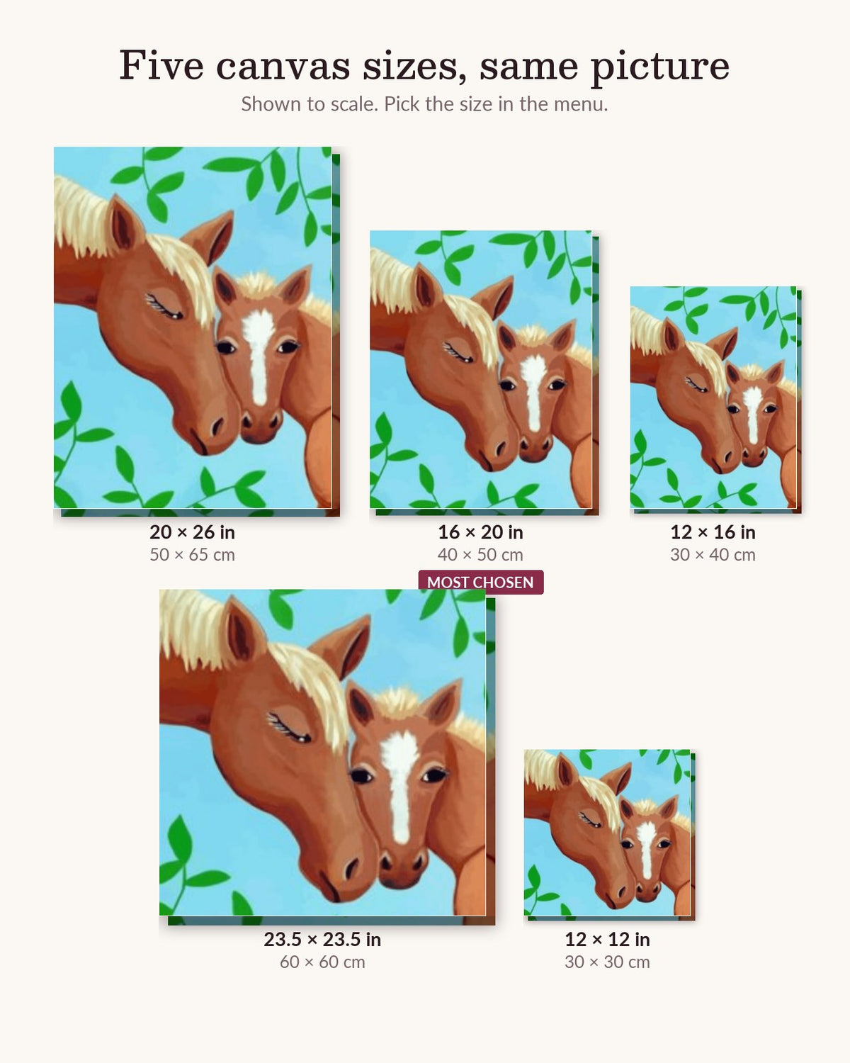 Tender Bond: Mother and Foal canvas sizes from 12 x 12 to 23.5 x 23.5 inches