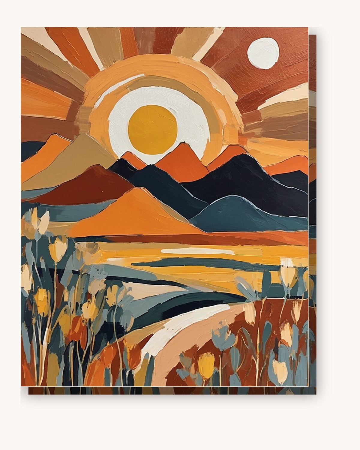 Terracotta Sunrise Over Mustard Hills paint by numbers kit on stretched canvas