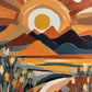 terracotta sun with rays over layered hills and a small white moon with grass and flowers in the foreground, paint by numbers kit