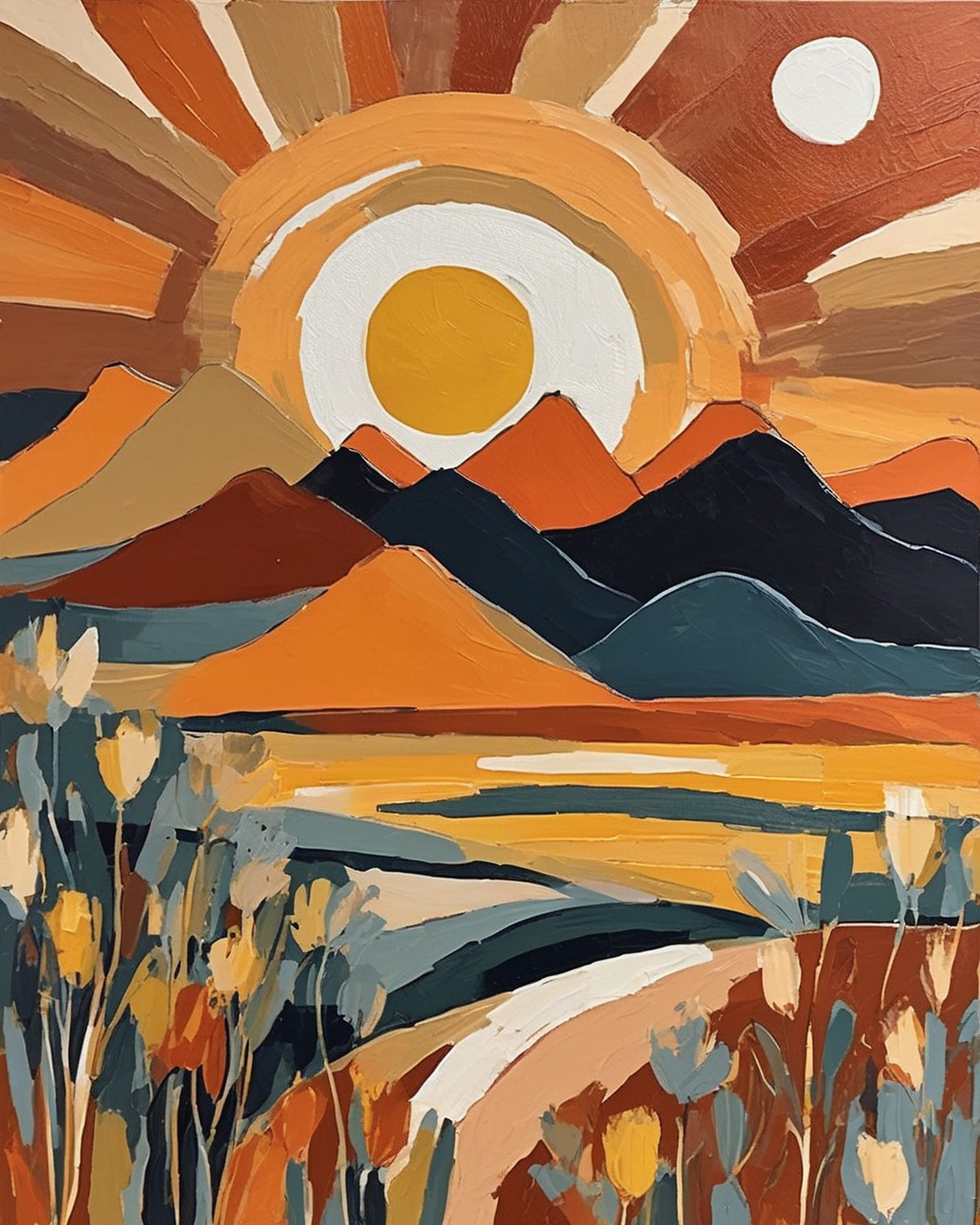 terracotta sun with rays over layered hills and a small white moon with grass and flowers in the foreground, paint by numbers kit
