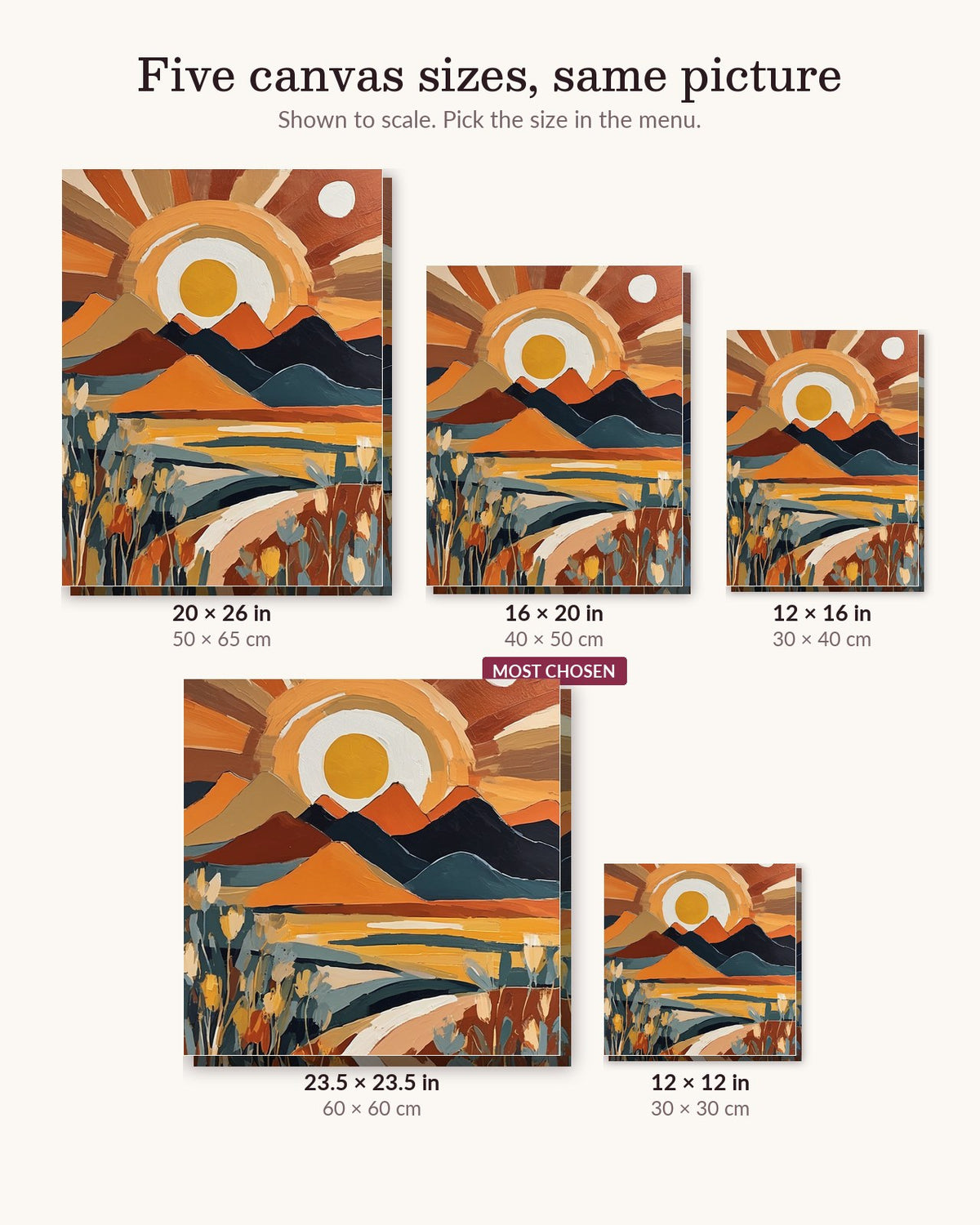 Terracotta Sunrise Over Mustard Hills canvas sizes from 12 x 12 to 23.5 x 23.5 inches