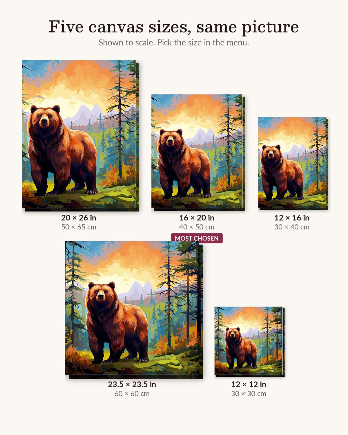 The Bear's Dilemma canvas sizes from 12 x 12 to 23.5 x 23.5 inches