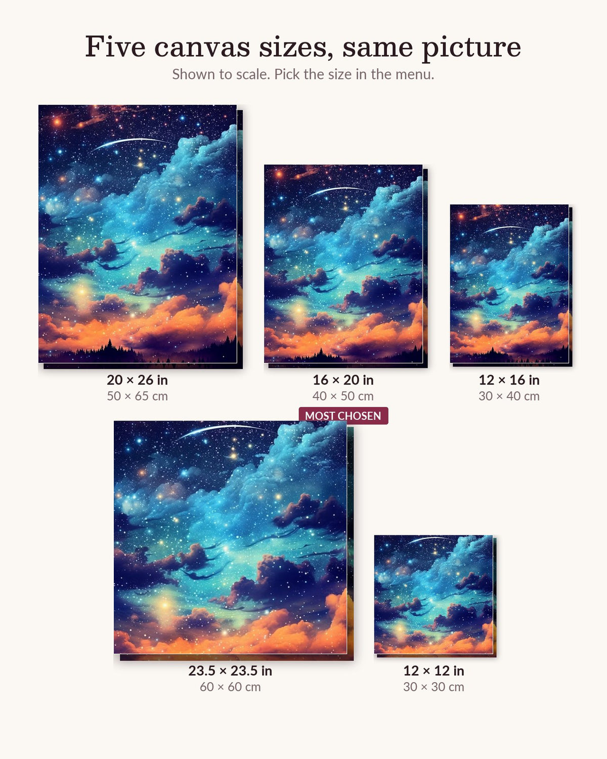 The Cosmic Firmament canvas sizes from 12 x 12 to 23.5 x 23.5 inches