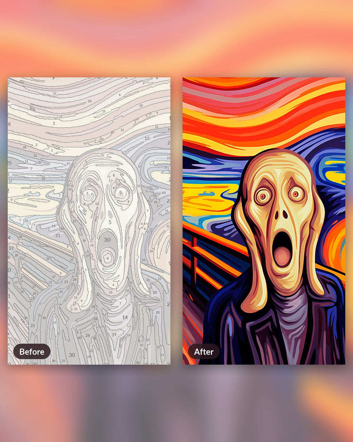 The Crying Figure paint by numbers kit, before and after