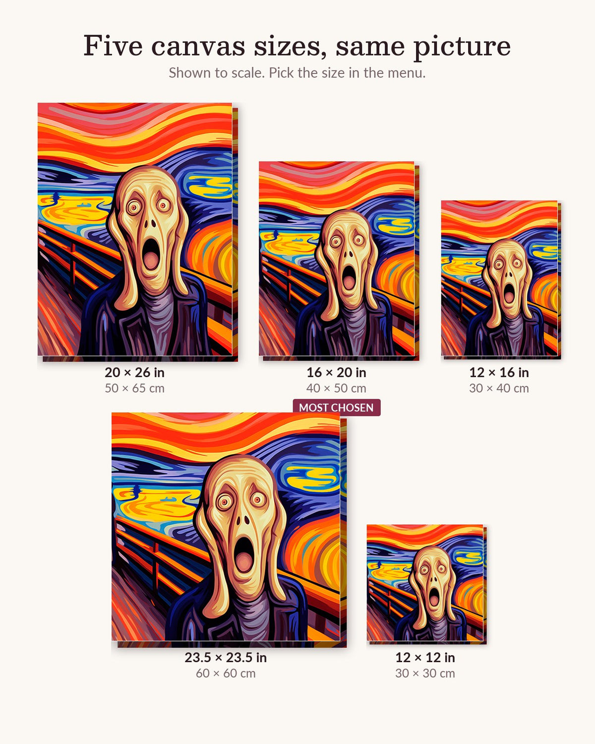 The Crying Figure canvas sizes from 12 x 12 to 23.5 x 23.5 inches