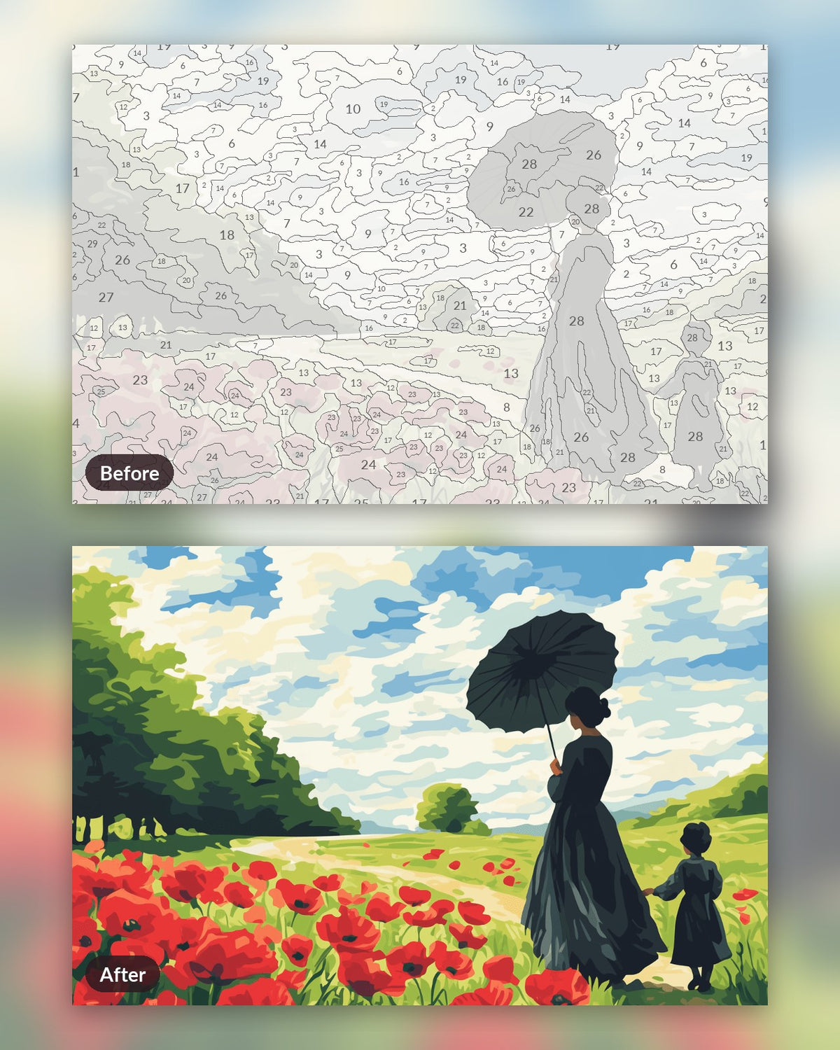 The Duchess Picnic paint by numbers kit, before and after