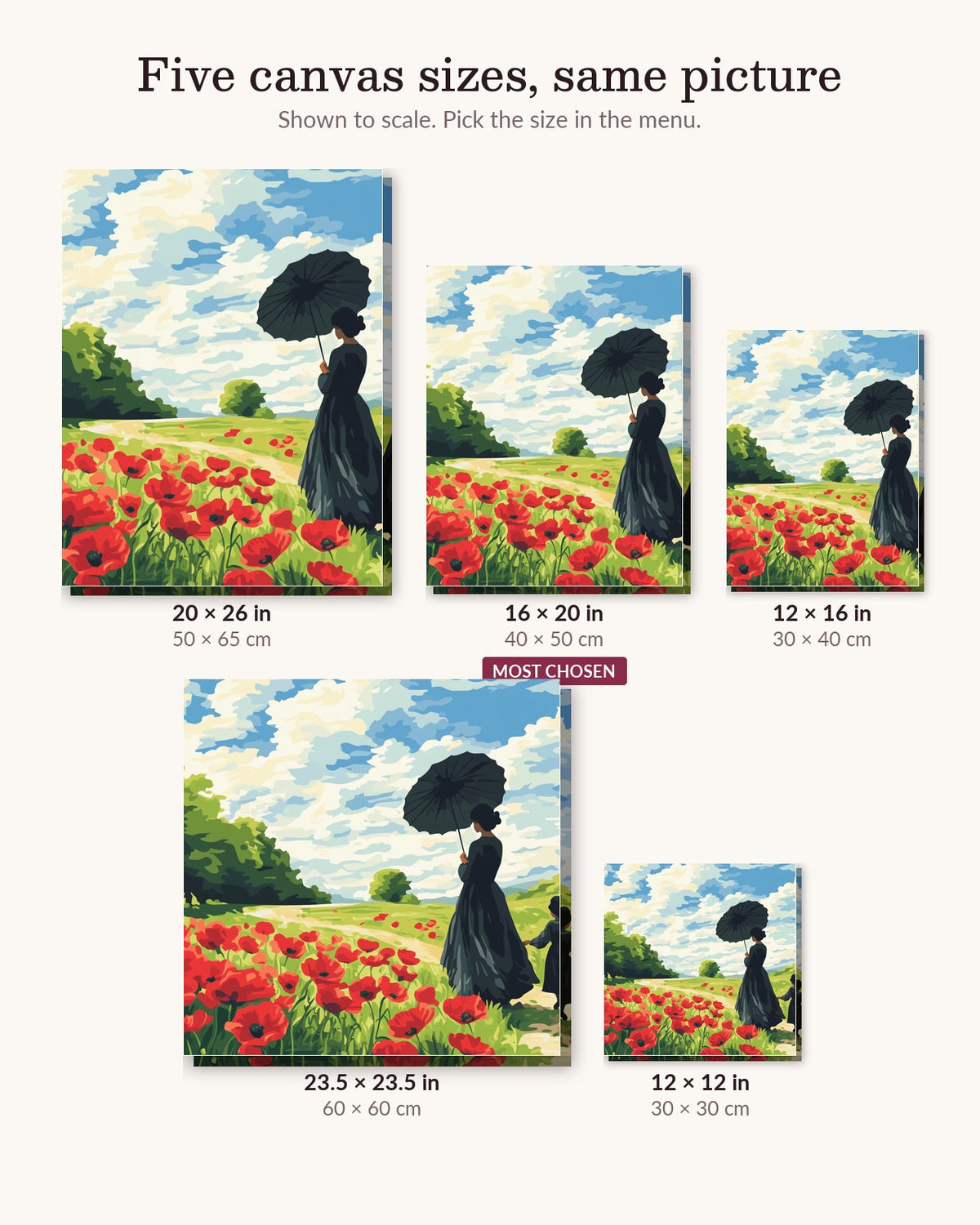 The Duchess Picnic canvas sizes from 12 x 12 to 23.5 x 23.5 inches