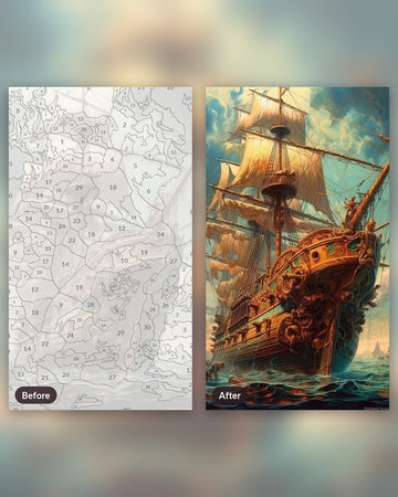 The Golden Galleon paint by numbers kit, before and after