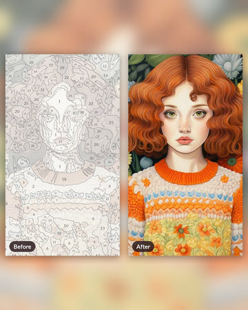 The Knitted Elegance paint by numbers kit, before and after