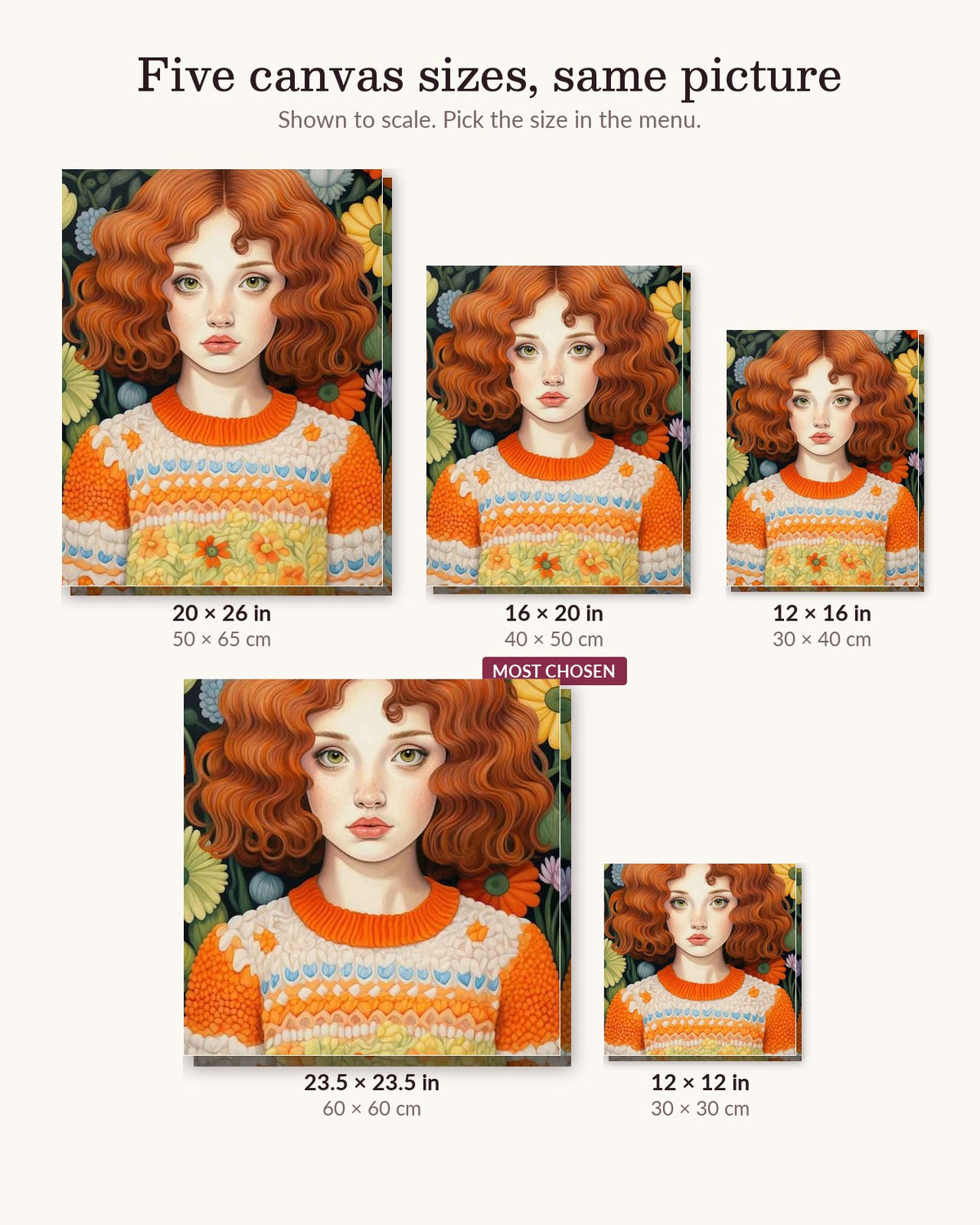 The Knitted Elegance canvas sizes from 12 x 12 to 23.5 x 23.5 inches