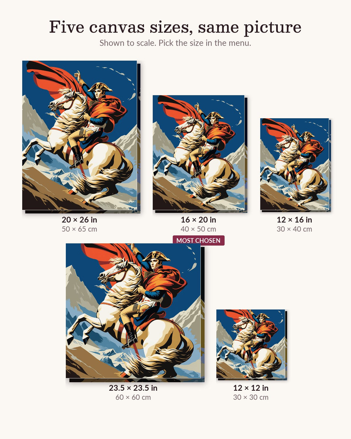 The Little Emperor canvas sizes from 12 x 12 to 23.5 x 23.5 inches