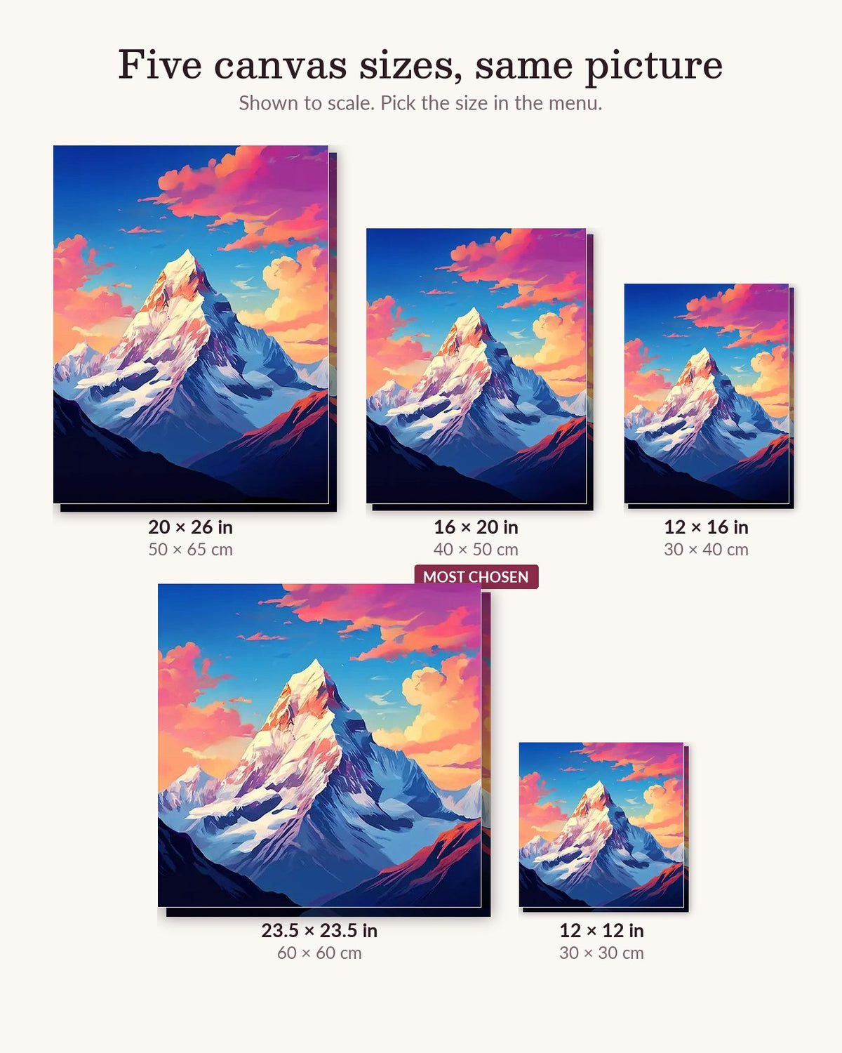 The Peak of Peaks canvas sizes from 12 x 12 to 23.5 x 23.5 inches