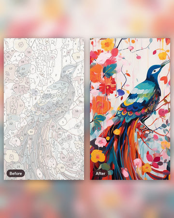 The Radiant Perch paint by numbers kit, before and after