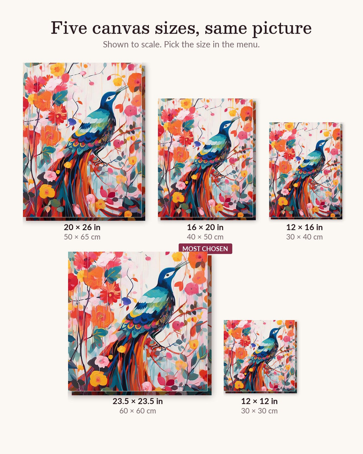 The Radiant Perch canvas sizes from 12 x 12 to 23.5 x 23.5 inches