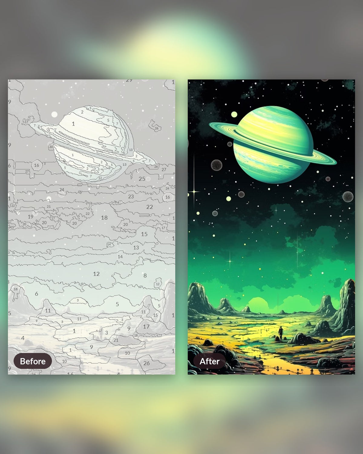 The Ringed Giant paint by numbers kit, before and after