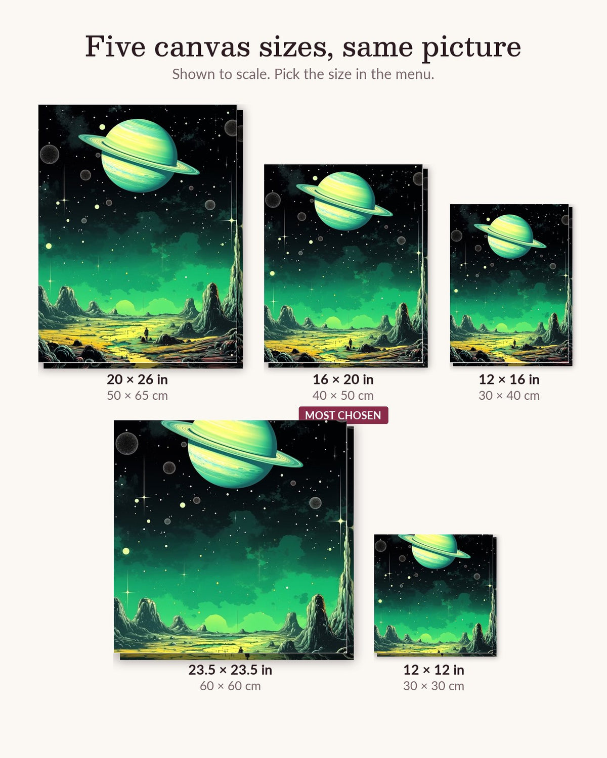 The Ringed Giant canvas sizes from 12 x 12 to 23.5 x 23.5 inches