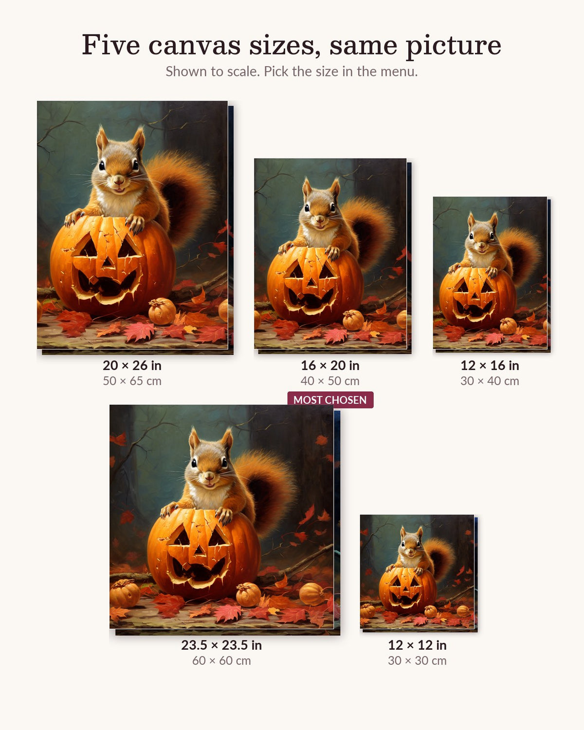 The Spooky Forest Squirrel canvas sizes from 12 x 12 to 23.5 x 23.5 inches