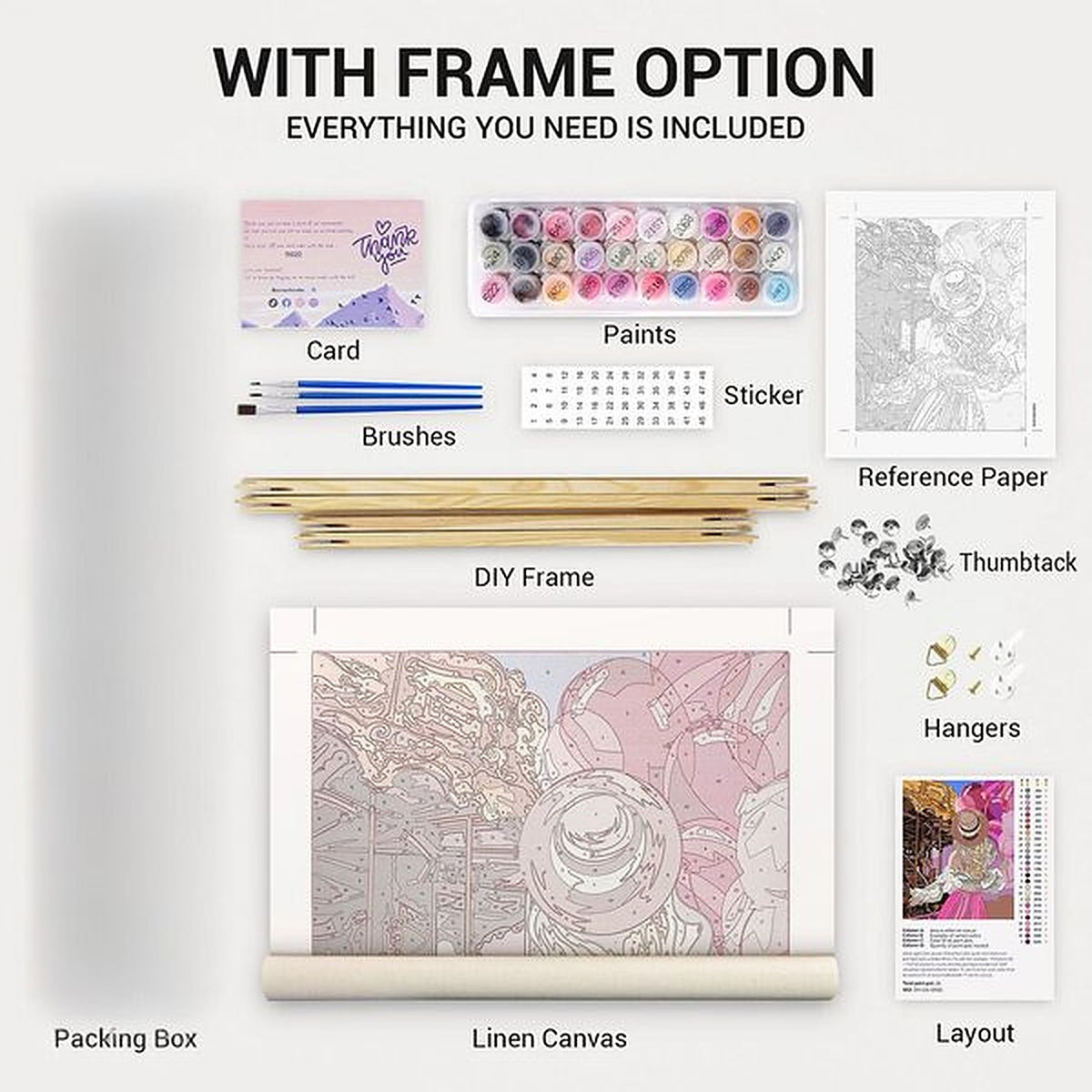 Everything included with the The Swing kit and its frame option: linen canvas, paints, brushes, reference card, stickers, hangers and DIY wooden frame