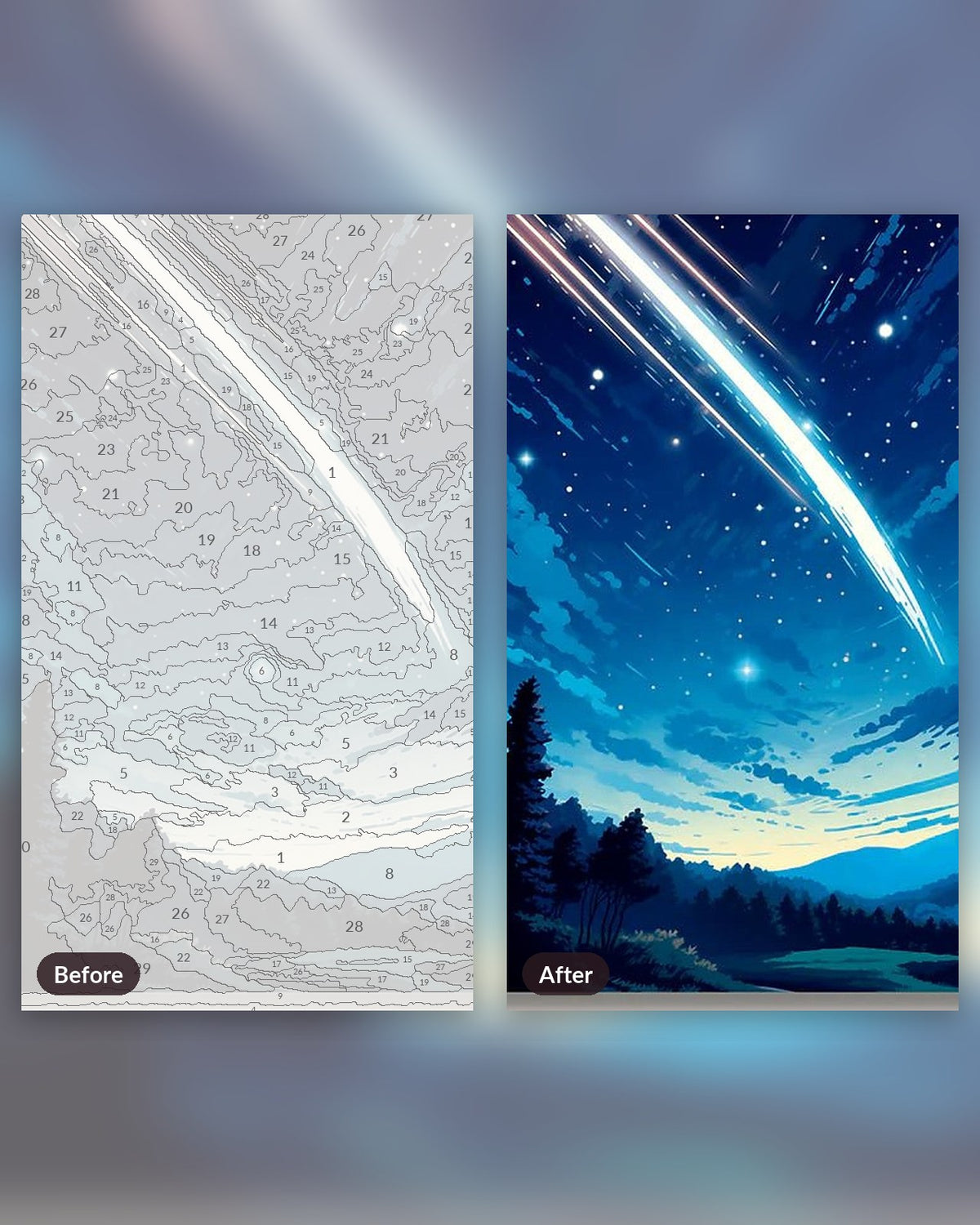The Swing paint by numbers kit, before and after