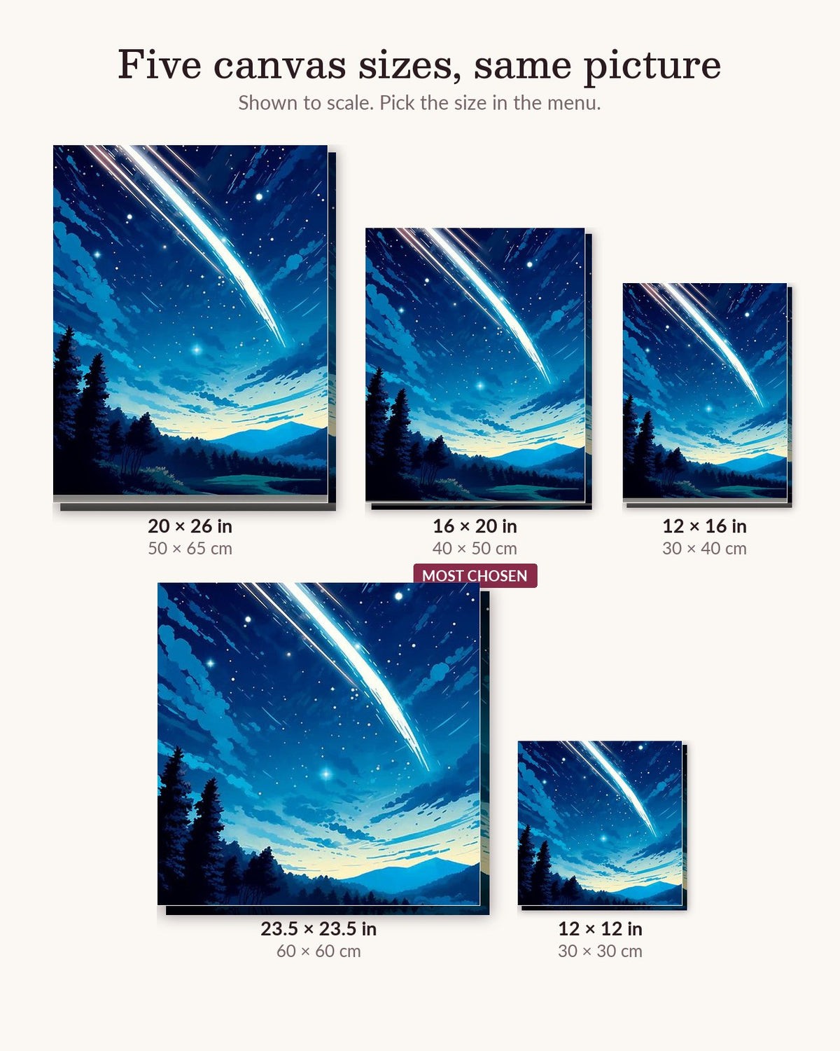 The Swing canvas sizes from 12 x 12 to 23.5 x 23.5 inches
