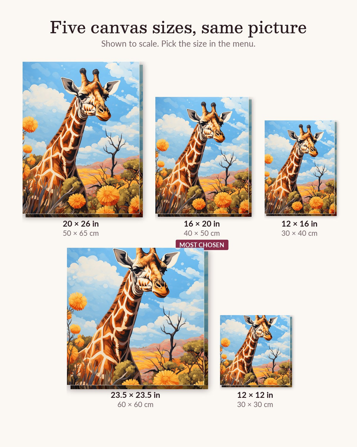 The Tall Gaze canvas sizes from 12 x 12 to 23.5 x 23.5 inches