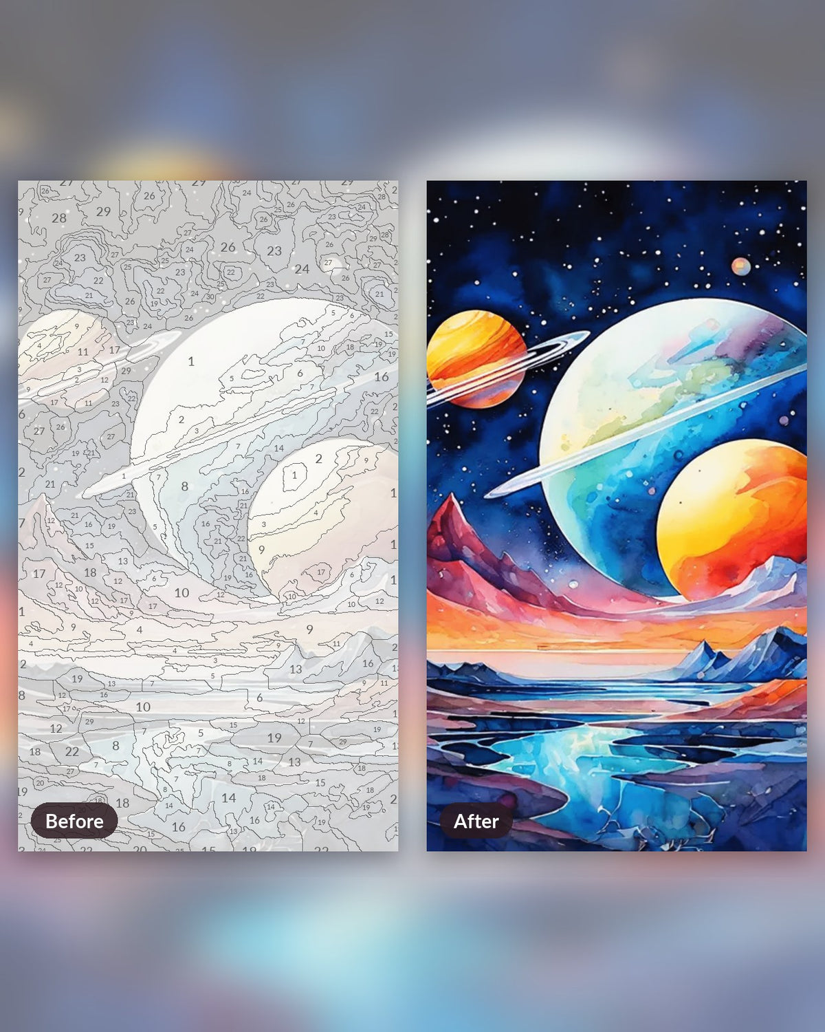 The Vast Space paint by numbers kit, before and after