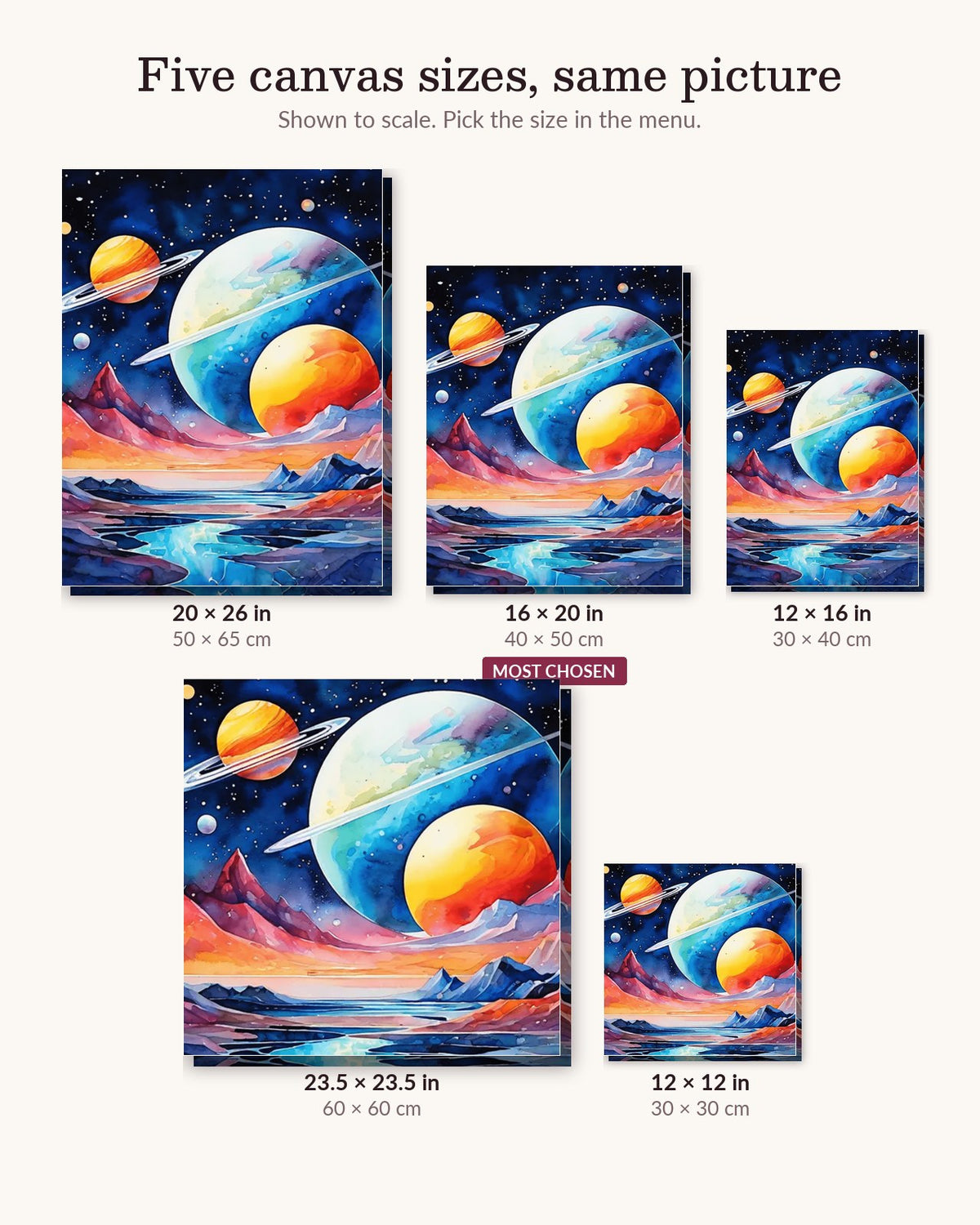 The Vast Space canvas sizes from 12 x 12 to 23.5 x 23.5 inches