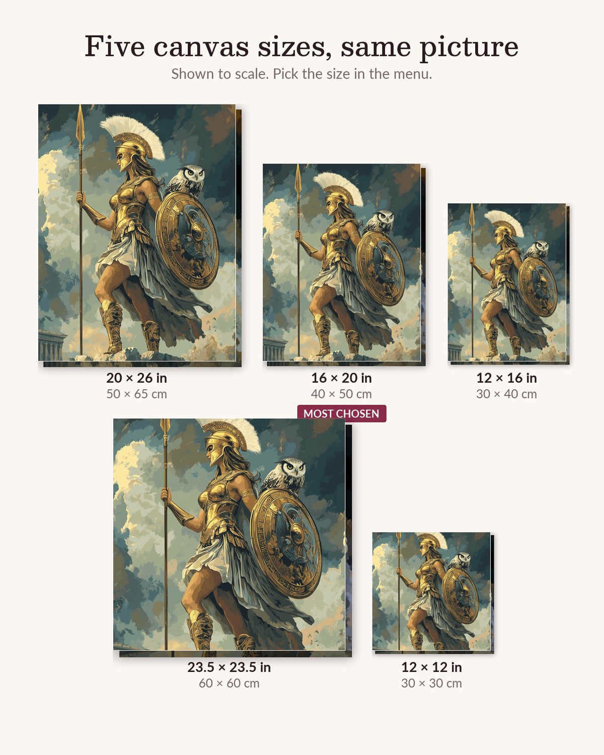 The Warrior canvas sizes from 12 x 12 to 23.5 x 23.5 inches