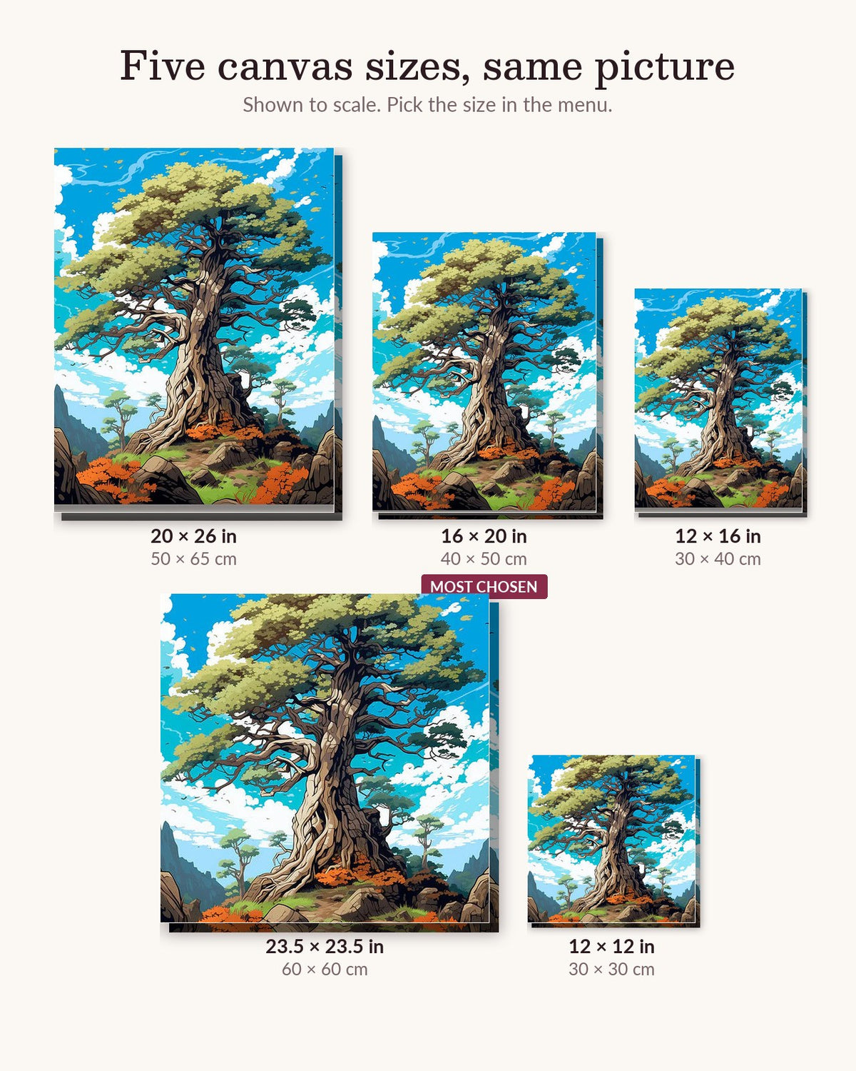 The Wisest Tree canvas sizes from 12 x 12 to 23.5 x 23.5 inches