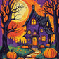 The Witch's Cottage paint by numbers kit, crooked cottage with glowing windows in an autumn forest