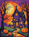 The Witch's Cottage paint by numbers kit, crooked cottage with glowing windows in an autumn forest