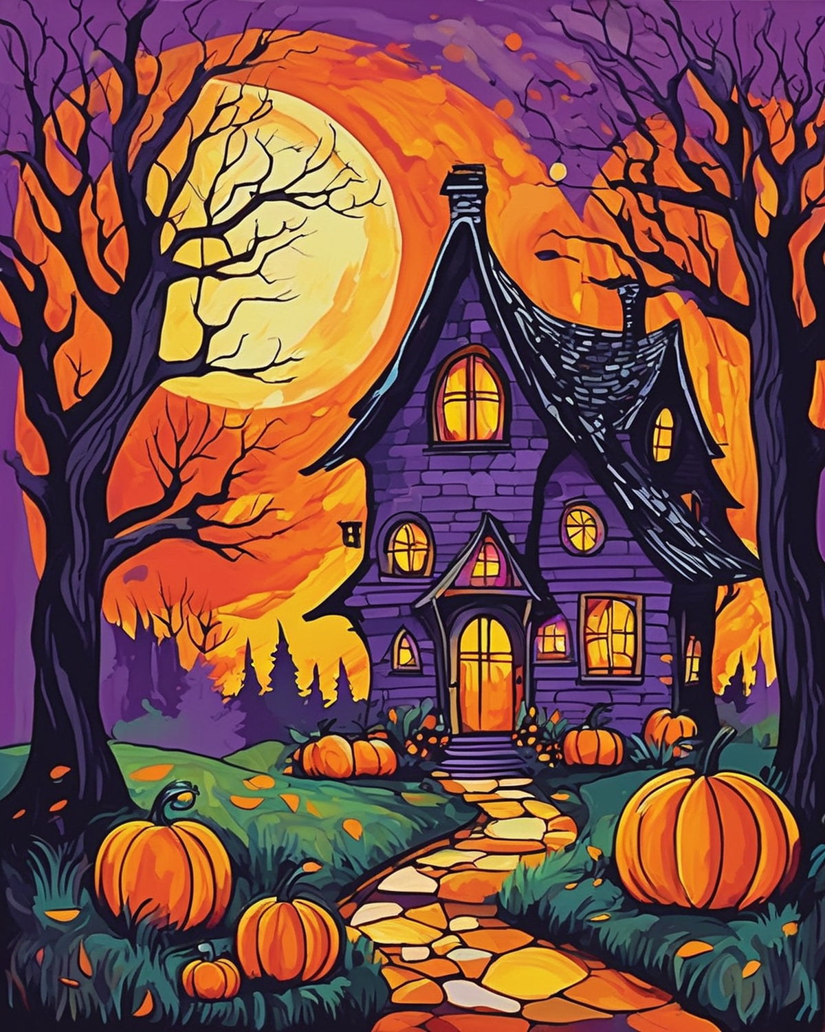 The Witch's Cottage paint by numbers kit, crooked cottage with glowing windows in an autumn forest