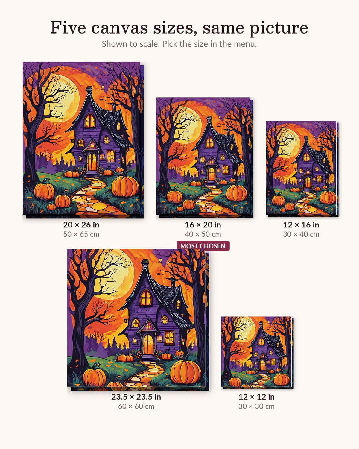 The Witch's Cottage canvas sizes from 12 x 12 to 23.5 x 23.5 inches