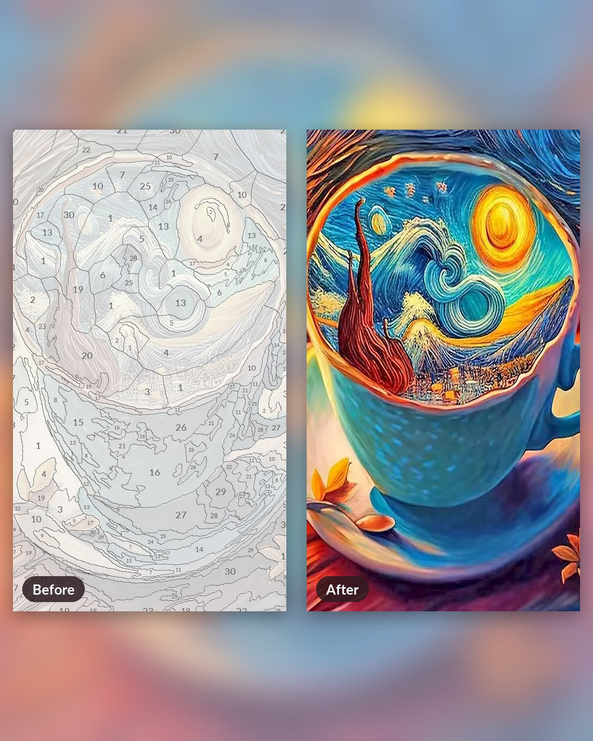 The World In A Cup paint by numbers kit, before and after