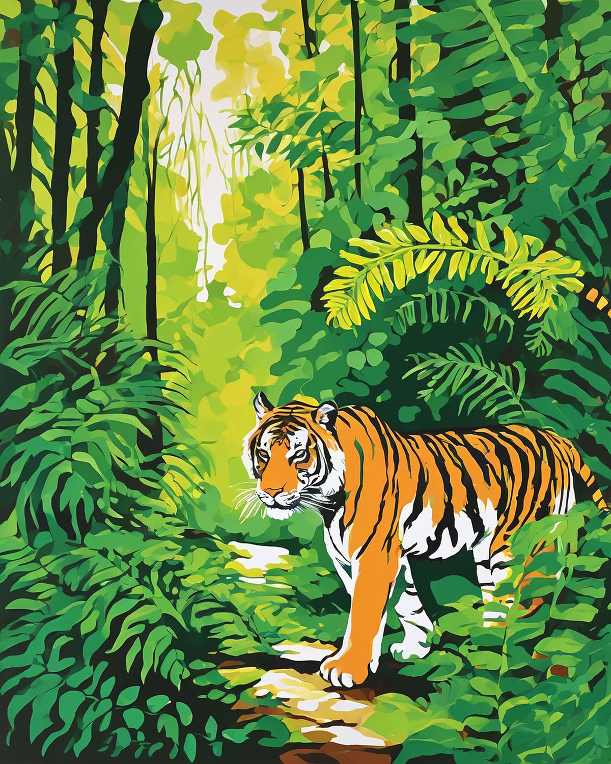 bengal tiger walking on a path through a green jungle with ferns and sunlight, paint by numbers kit