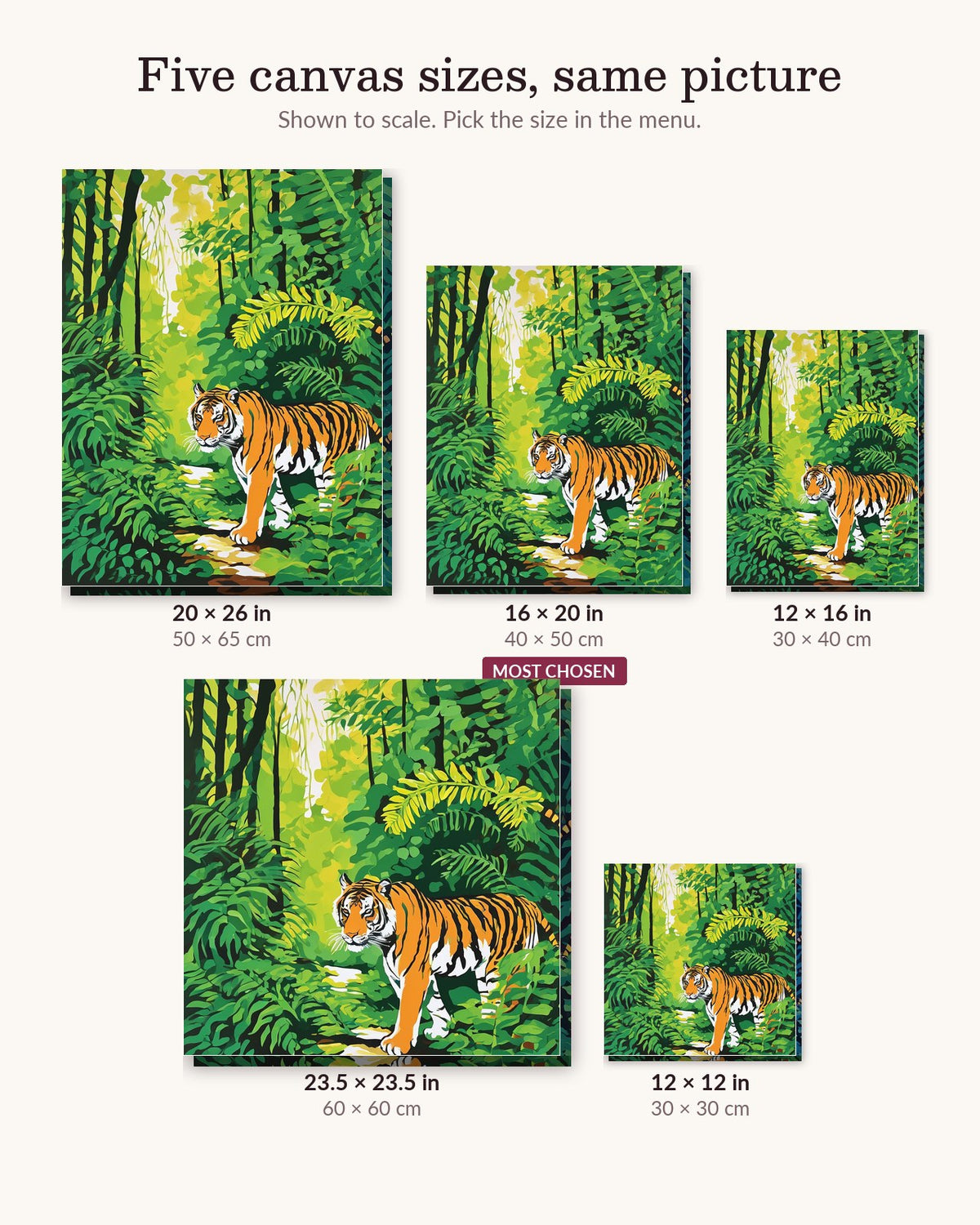 Tiger in the Jungle canvas sizes from 12 x 12 to 23.5 x 23.5 inches