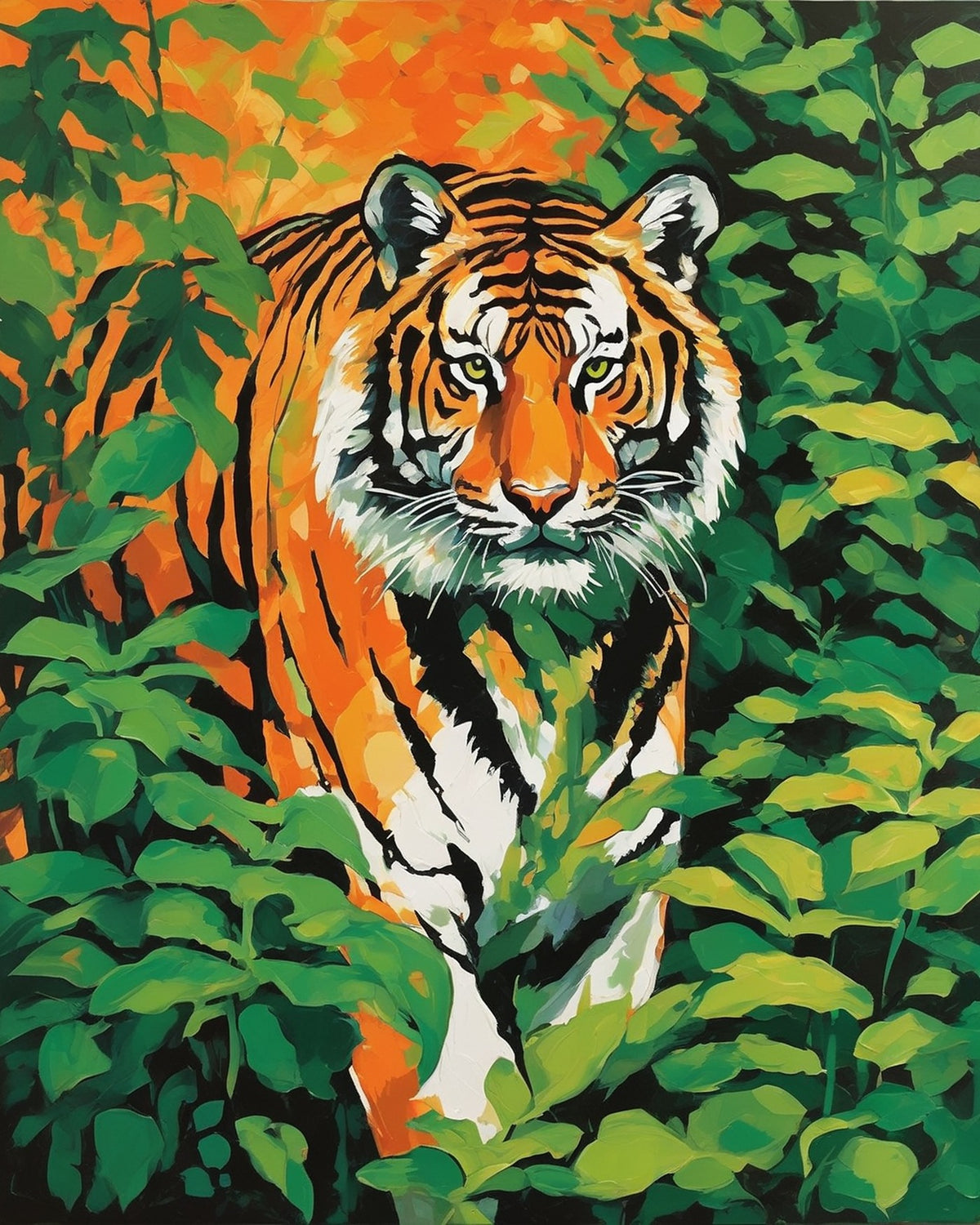 Tiger in the Leaves paint by numbers kit, Bengal tiger walking through green jungle leaves