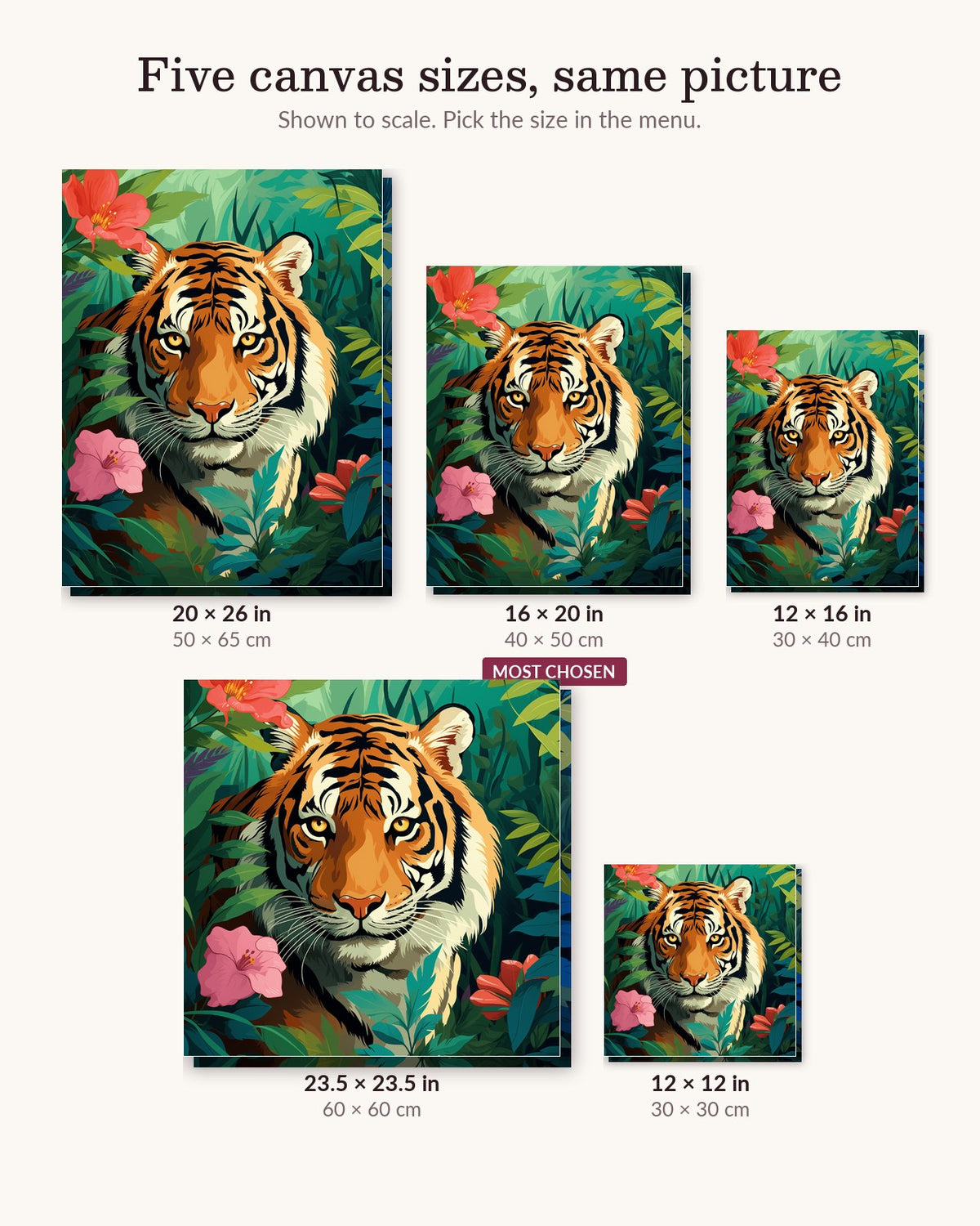 Tiger's Kingdom canvas sizes from 12 x 12 to 23.5 x 23.5 inches