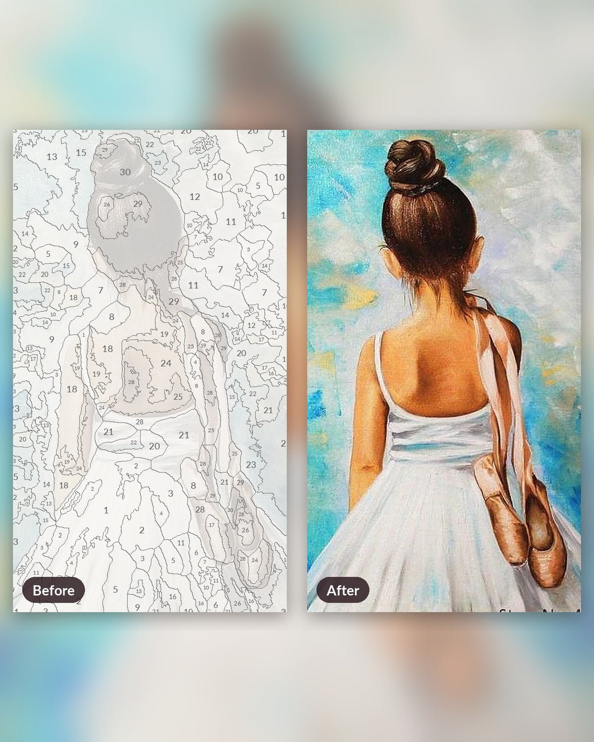 Tiny Dancing Angel paint by numbers kit, before and after