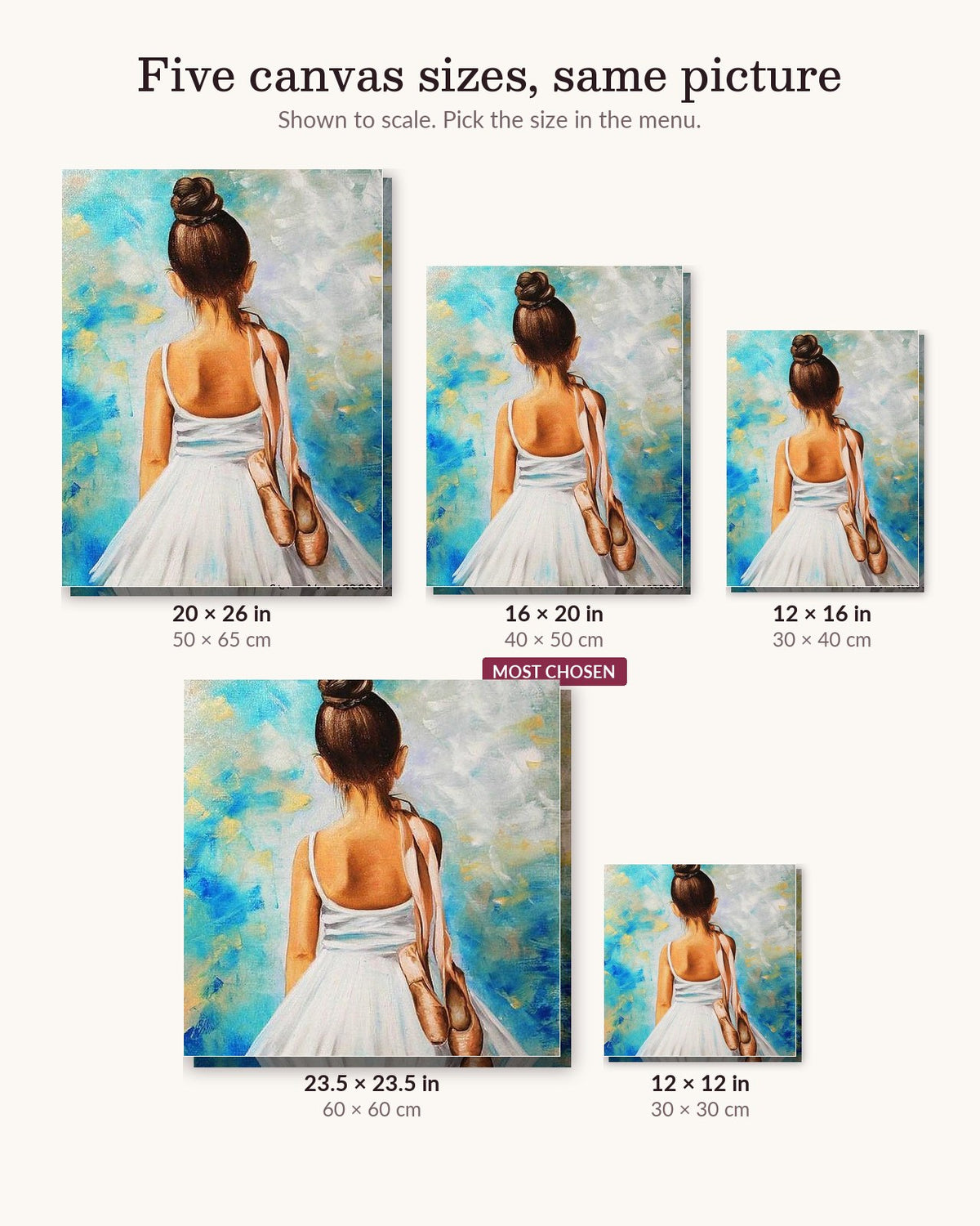 Tiny Dancing Angel canvas sizes from 12 x 12 to 23.5 x 23.5 inches