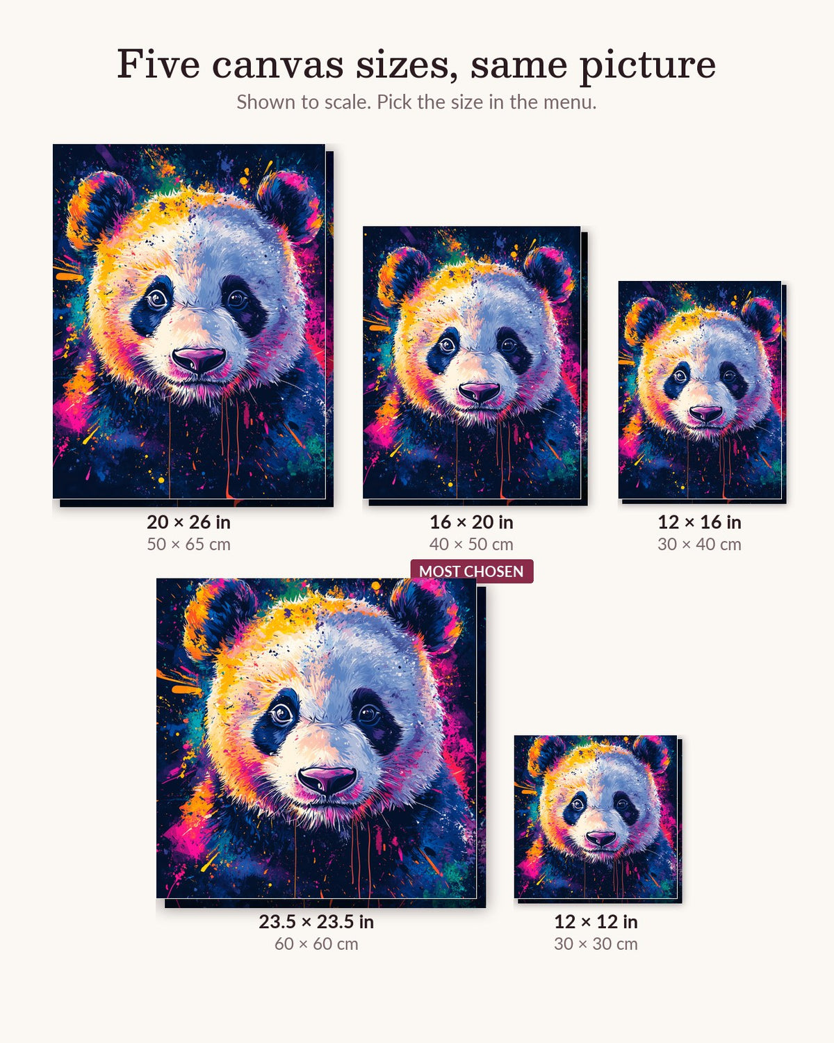 Tiny Panda canvas sizes from 12 x 12 to 23.5 x 23.5 inches