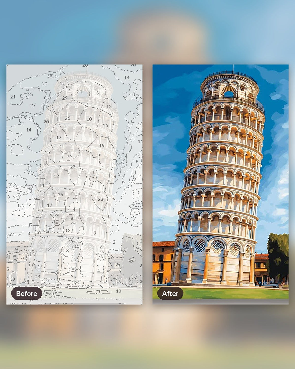 Tower of Pisa paint by numbers kit, before and after