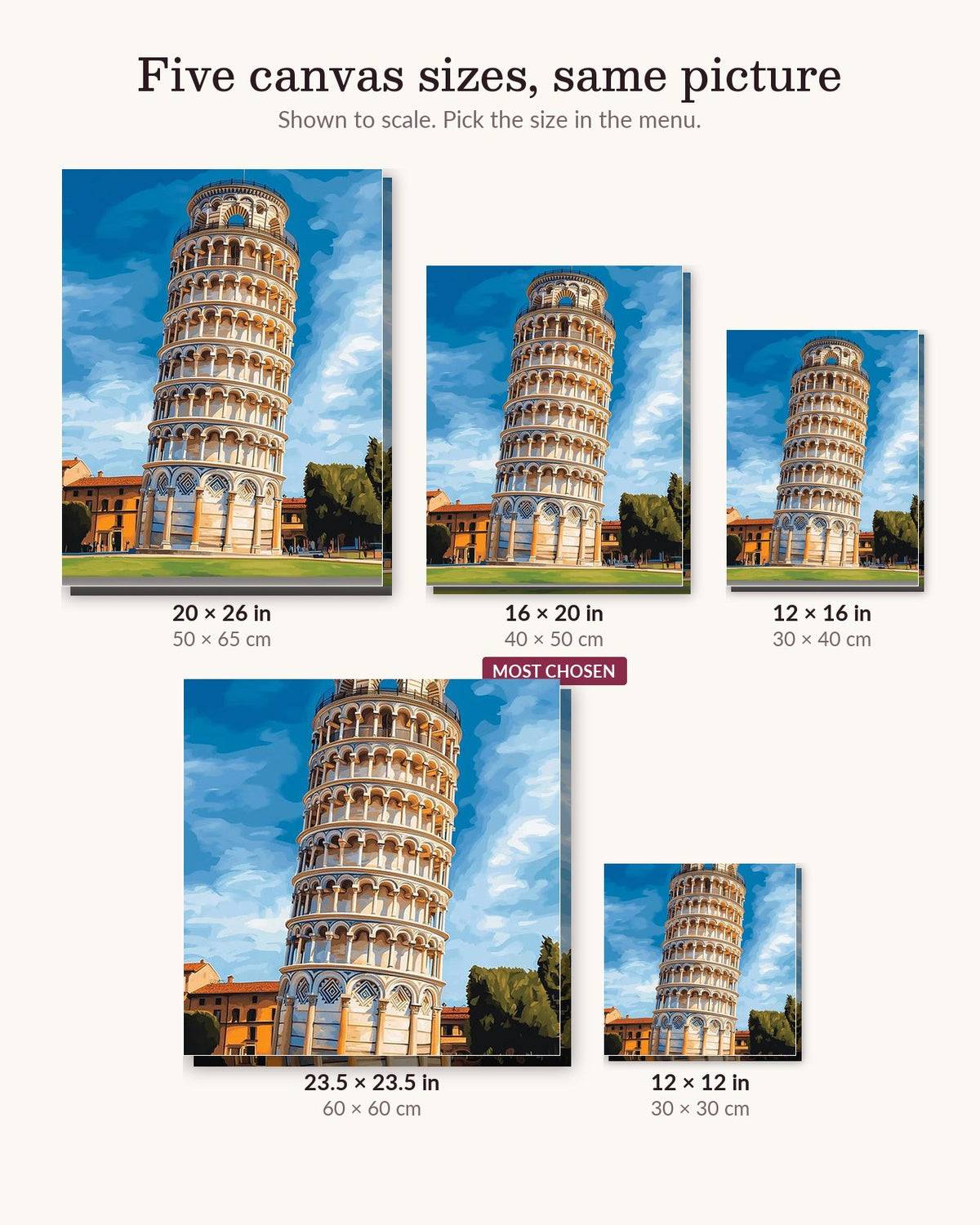 Tower of Pisa canvas sizes from 12 x 12 to 23.5 x 23.5 inches