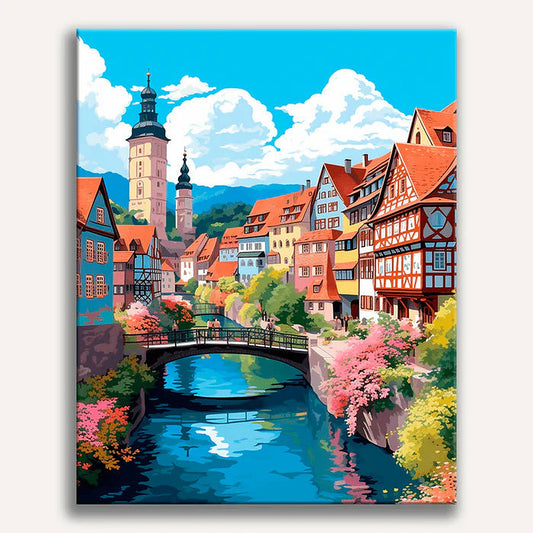 Town River Bridge Painting by Numbers Kit
