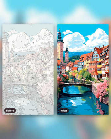 Town River Bridge paint by numbers kit, before and after