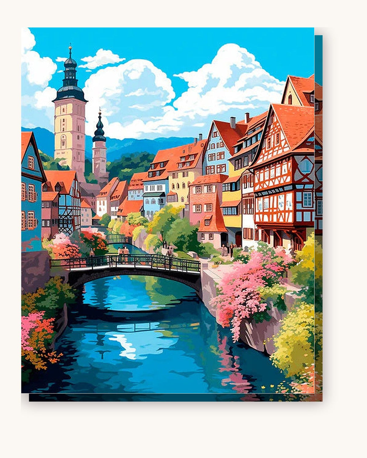Town River Bridge paint by numbers kit on stretched canvas