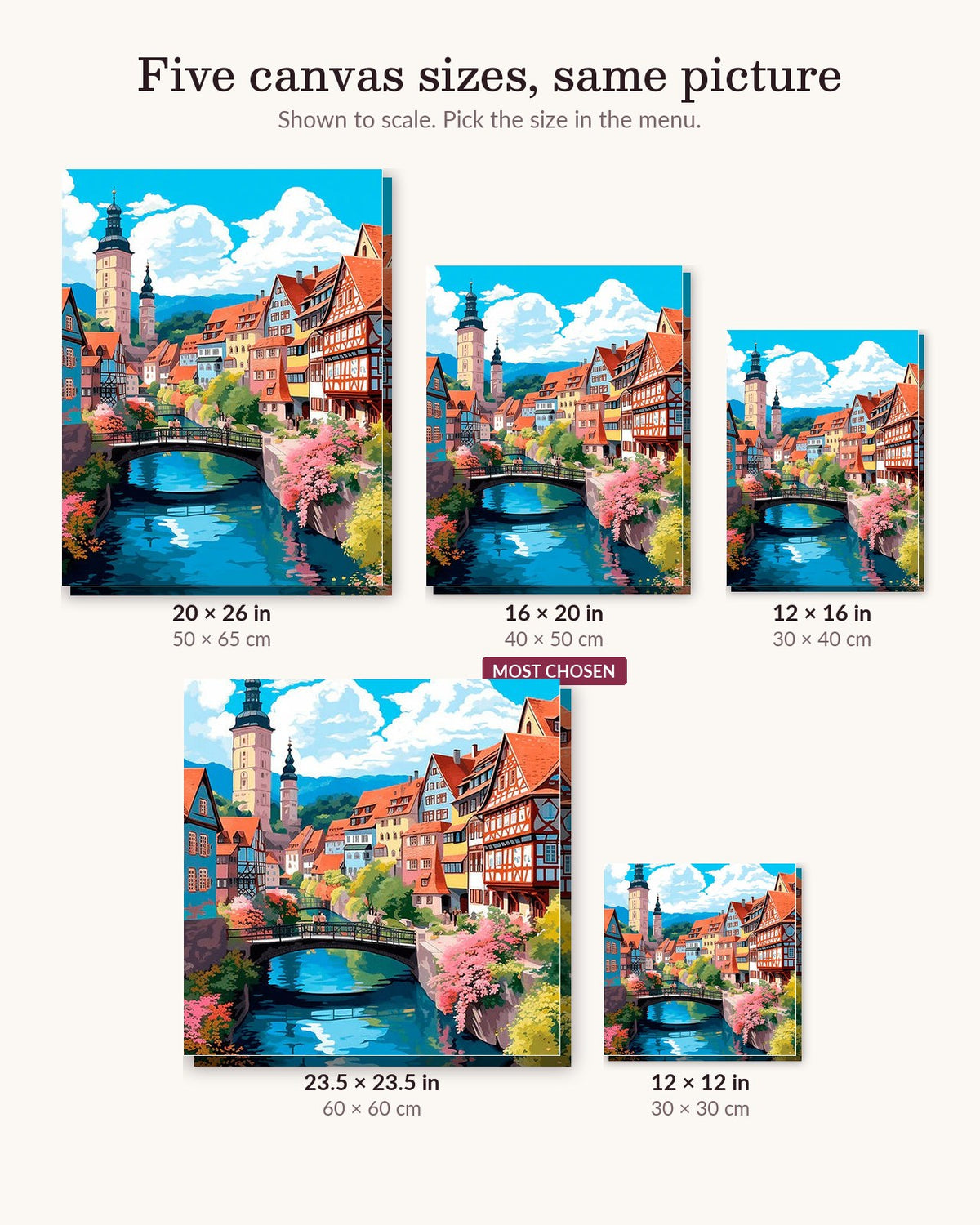 Town River Bridge canvas sizes from 12 x 12 to 23.5 x 23.5 inches
