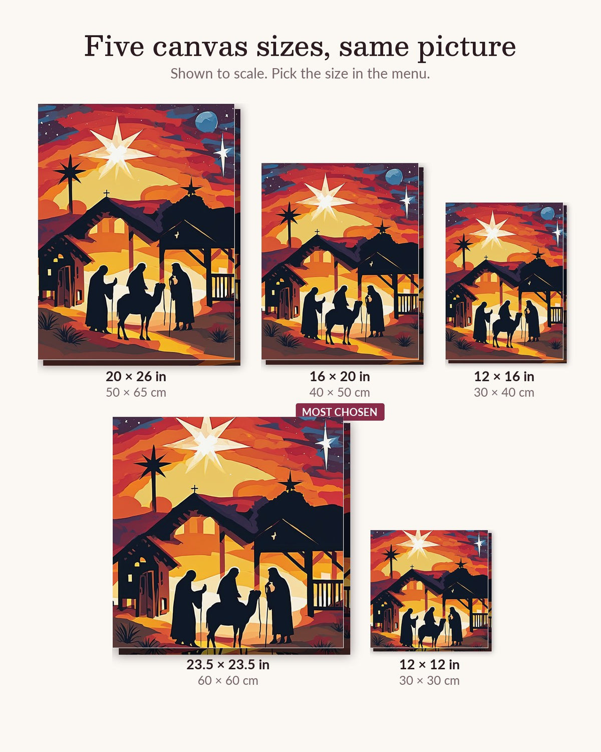 Travelers Beneath the Bright Star canvas sizes from 12 x 12 to 23.5 x 23.5 inches
