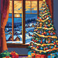 Tree by the Window paint by numbers kit, lit Christmas tree beside a window with snow outside
