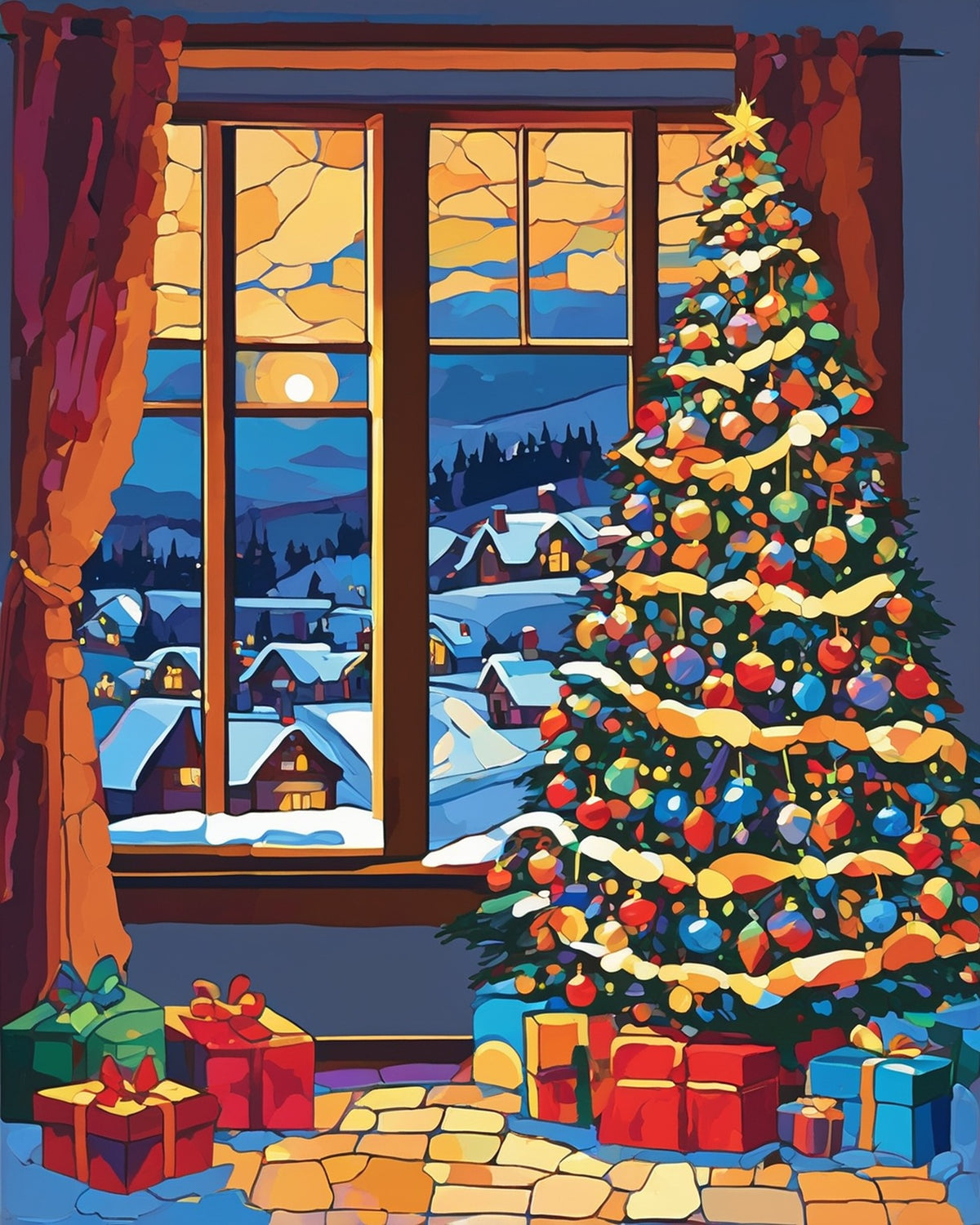 Tree by the Window paint by numbers kit, lit Christmas tree beside a window with snow outside